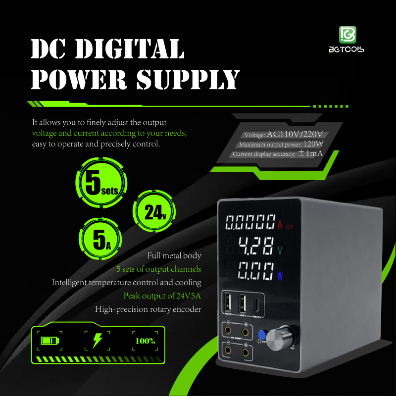 1-5 Professional DC Digital Power Supply - Adjustable Voltage for Mobile and Electronics Repair BG-2405